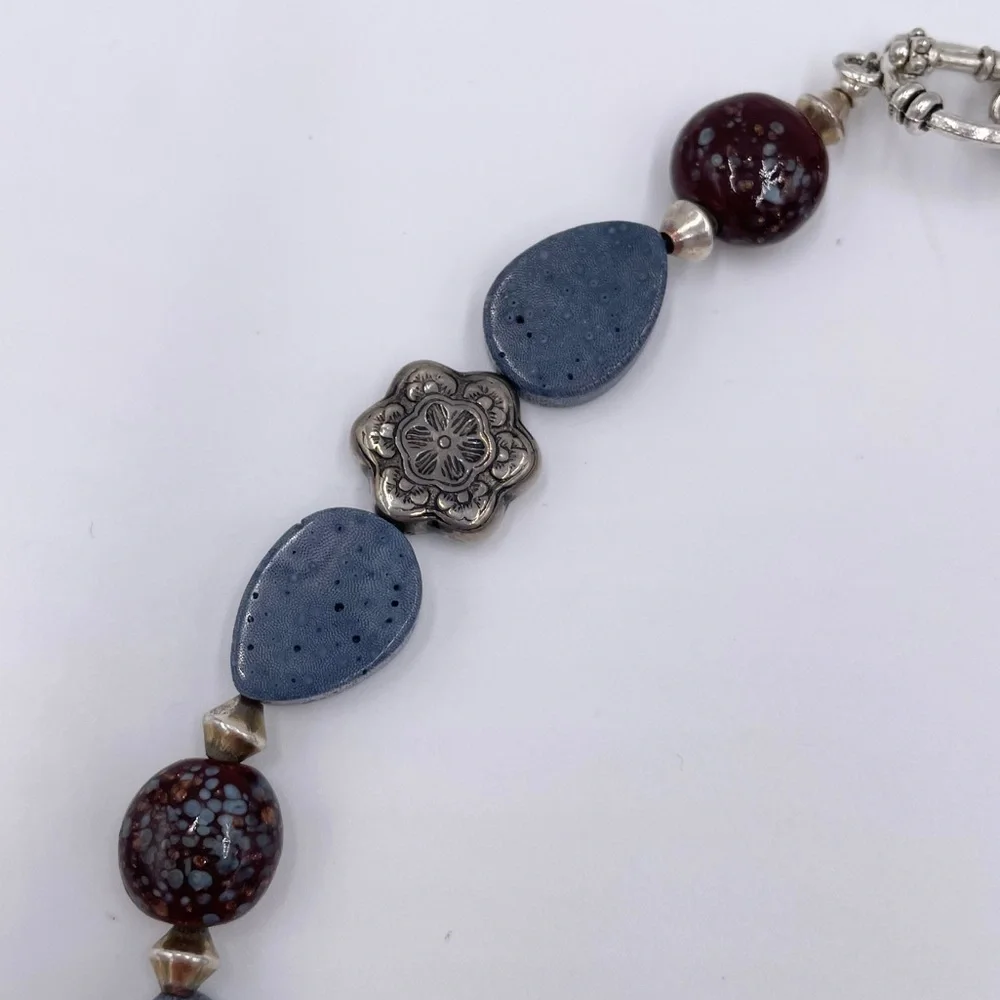 Silver Blue Natural Stone Beaded Statement Pendant Necklace Artsy Unique Boho
